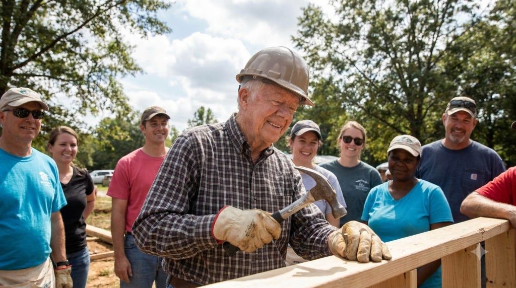 Jimmy Carter engaged in humanitarian work possibly building homes or meeting with community members showcasing his post-