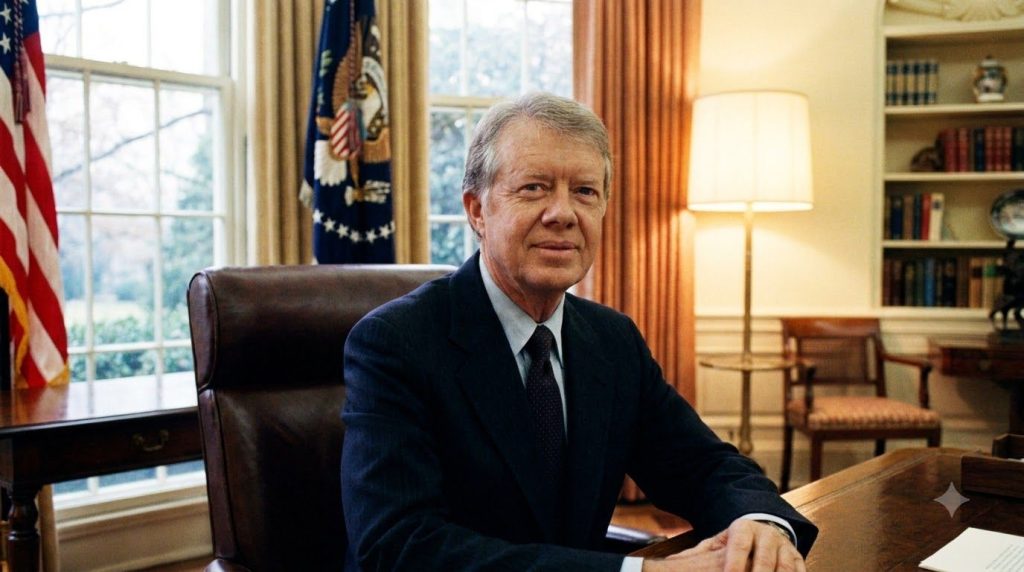 Official portrait of Jimmy Carter during his presidency showing him in a suit looking confident and presidential