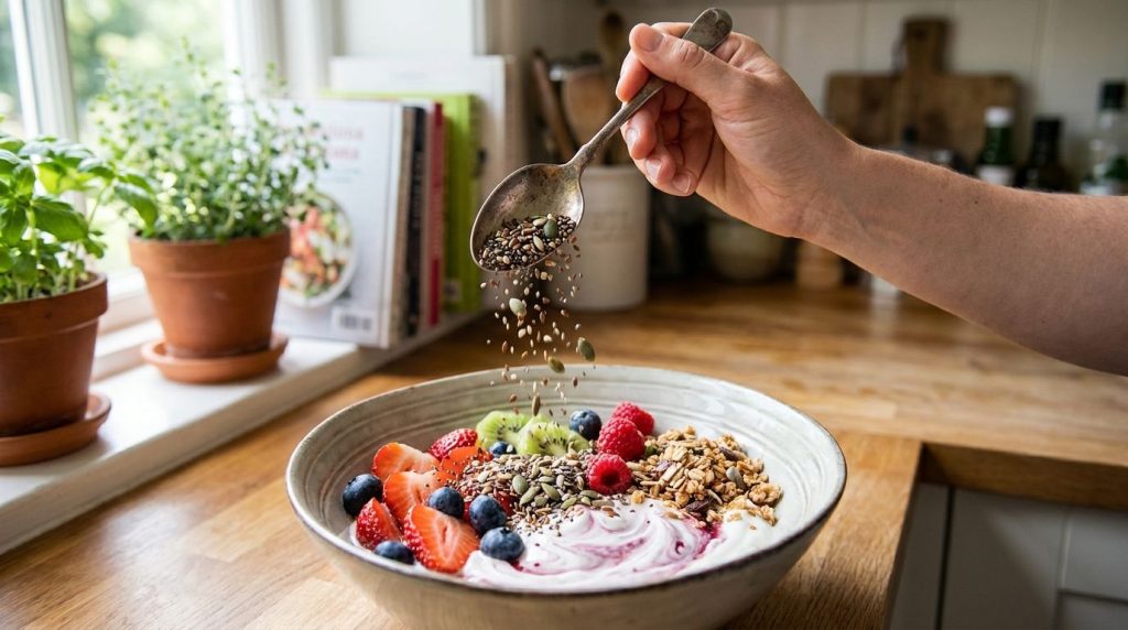 A spoonful of the mixed seeds being sprinkled over a bowl of yogurt and fruit