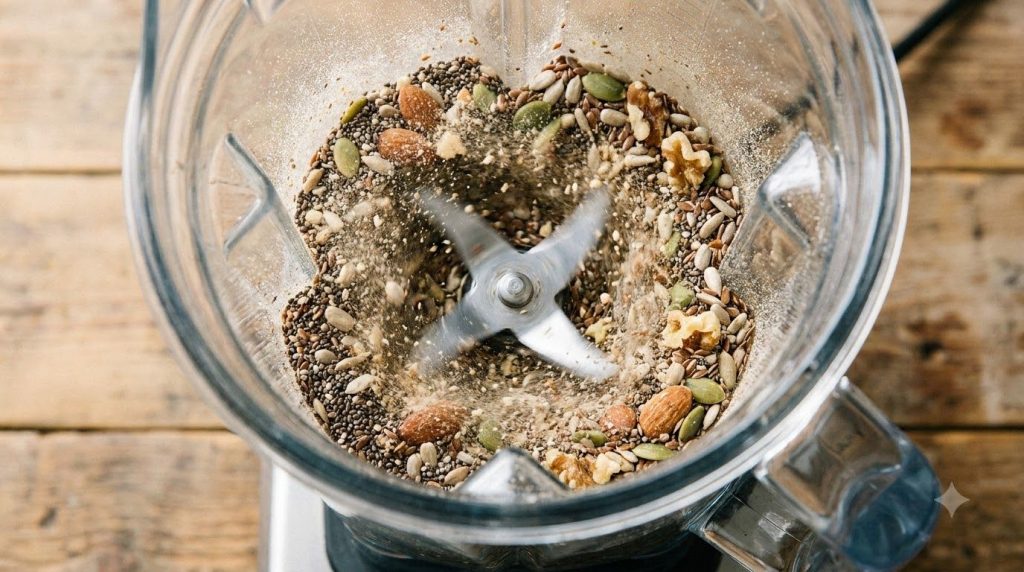 A close-up of a blender blending a mix of seeds and nuts into a fine powder capturing the motion and texture