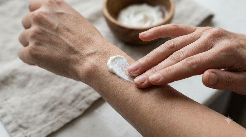 A person gently applying a white paste to the back of their hand to demonstrate usage with the paste visible on the skin
