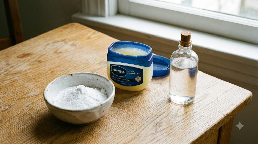 Three ingredients a small bowl of baking soda a jar of Vaseline and a bottle of baby oil arranged neatly on a clean surf