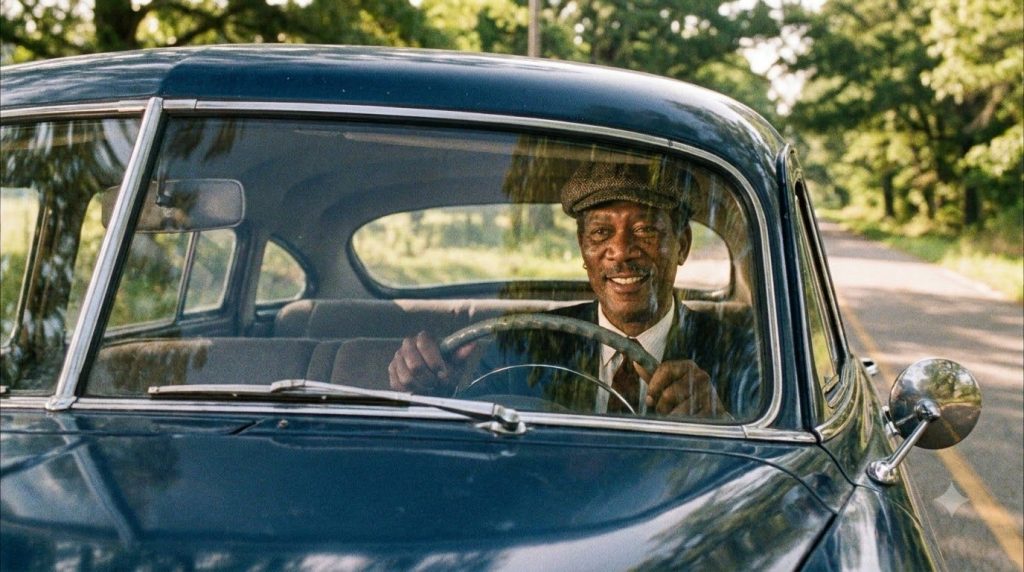A movie still of Morgan Freeman as Hoke Colburn in Driving Miss Daisy driving a vintage car