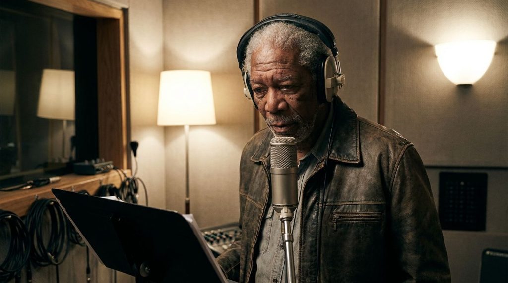 Morgan Freeman recording narration in a sound booth wearing headphones