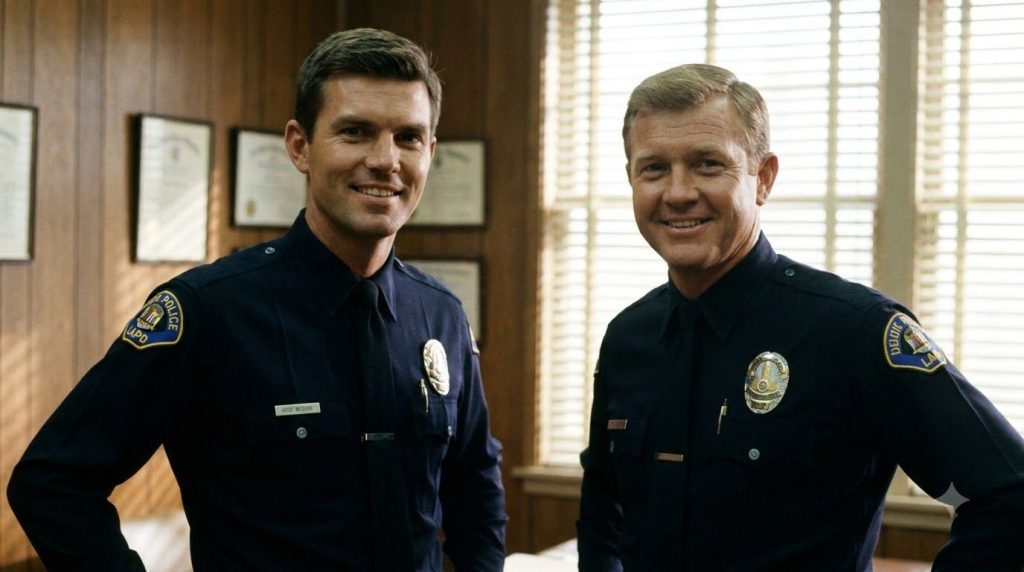 A split image of Kent McCord as Officer Jim Reed and Martin Milner as Officer Pete Malloy in their LAPD uniforms smiling
