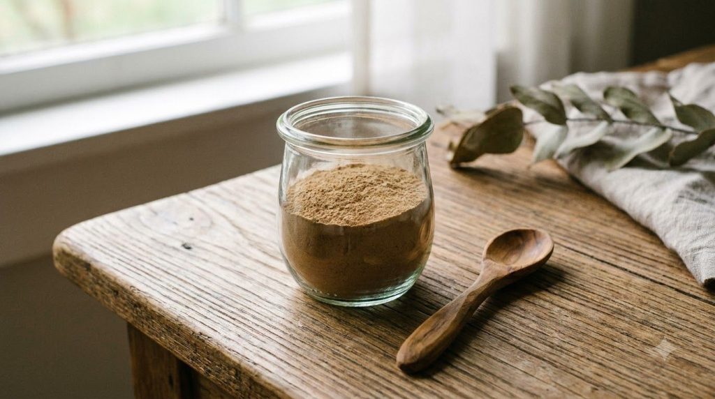 A small clear glass jar filled with fine light brown Mimosa Pudica powder with a wooden spoon resting beside it on a nat