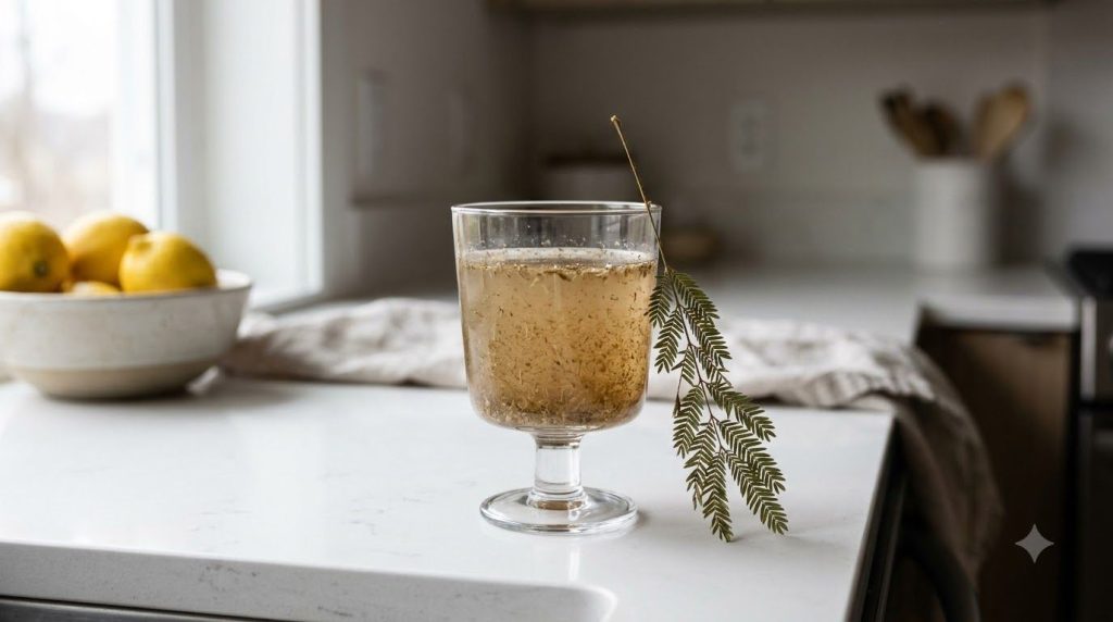 A glass of prepared Mimosa Pudica drink showing a slightly cloudy light brown liquid with some fibrous particles on a cl