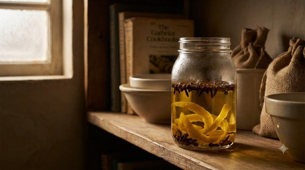 A glass jar filled with baby oil whole cloves and lemon peel sitting in a dark cool pantry illustrating the oil infusion