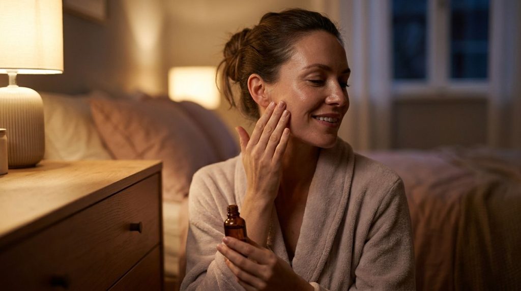 A woman gently massaging a few drops of oil onto her face and neck as part of her nightly skincare routine with soft amb