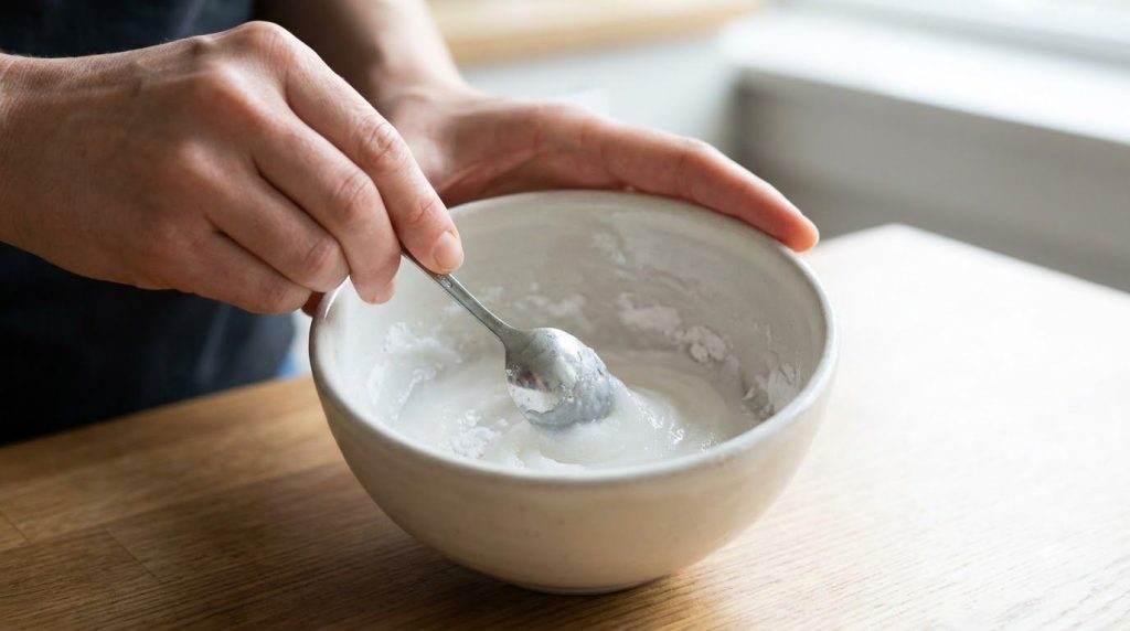 Hands mixing white petroleum jelly and baking soda in a small ceramic bowl with a spoon to form a smooth paste