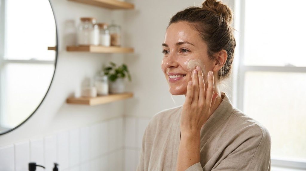 A woman gently applying a homemade face mask to her cheek with a soft glowing complexion in a well-lit bathroom setting