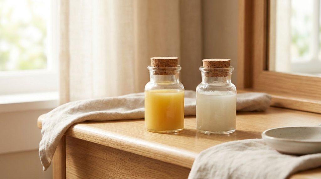 Small glass jars containing the two different Vaseline blends one yellow turmeric honey and one clear pale yellow almond