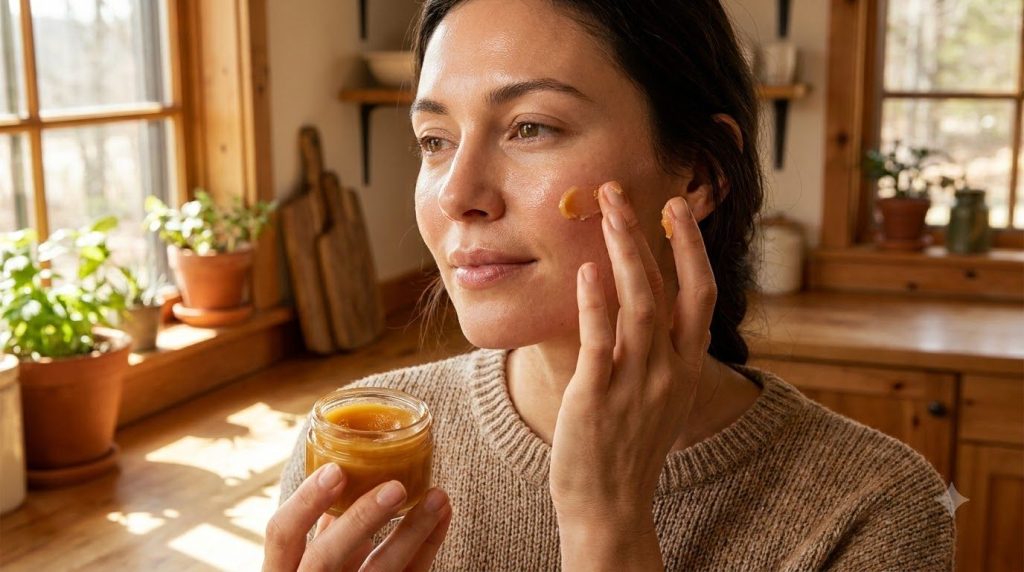 A woman applying a small amount of a homemade yellow-tinted Vaseline balm to her cheek with her fingertips demonstrating