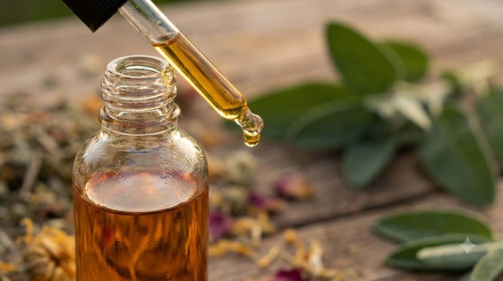 A close-up of a glass dropper bottle filled with a golden-hued infused oil with a few drops suspended at the tip of the