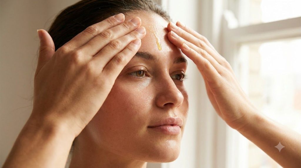 A person s hands gently massaging the homemade Botox drops facial oil onto their clean face focusing on the forehead and