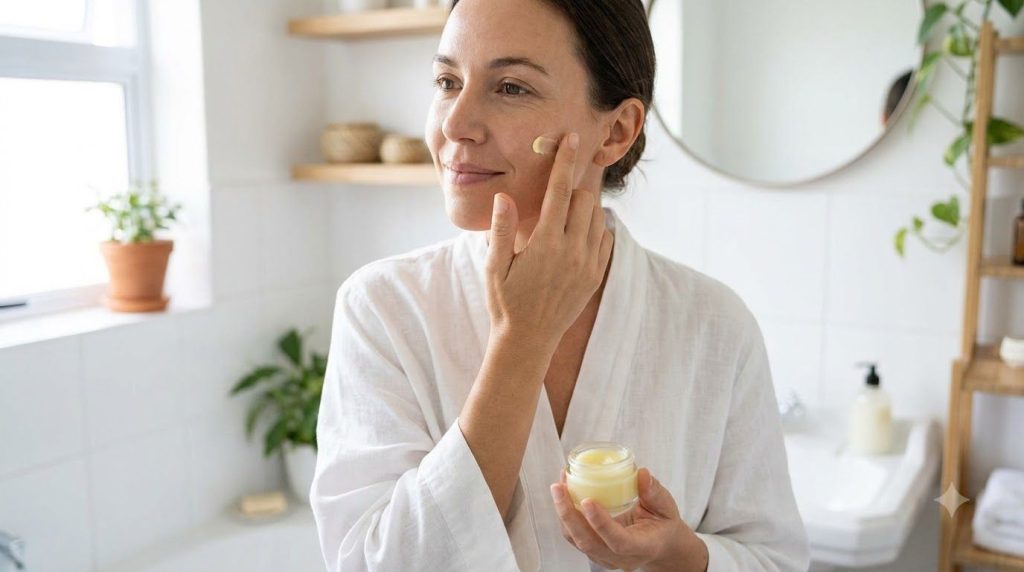 A woman gently applying a small amount of the DIY Vaseline balm to her cheek demonstrating gentle application for skin c