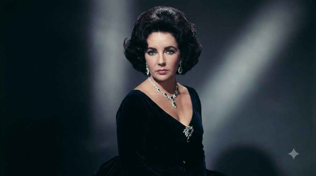 Elizabeth Taylor in a dramatic pose from a classic Hollywood film showcasing her famous violet eyes and glamour