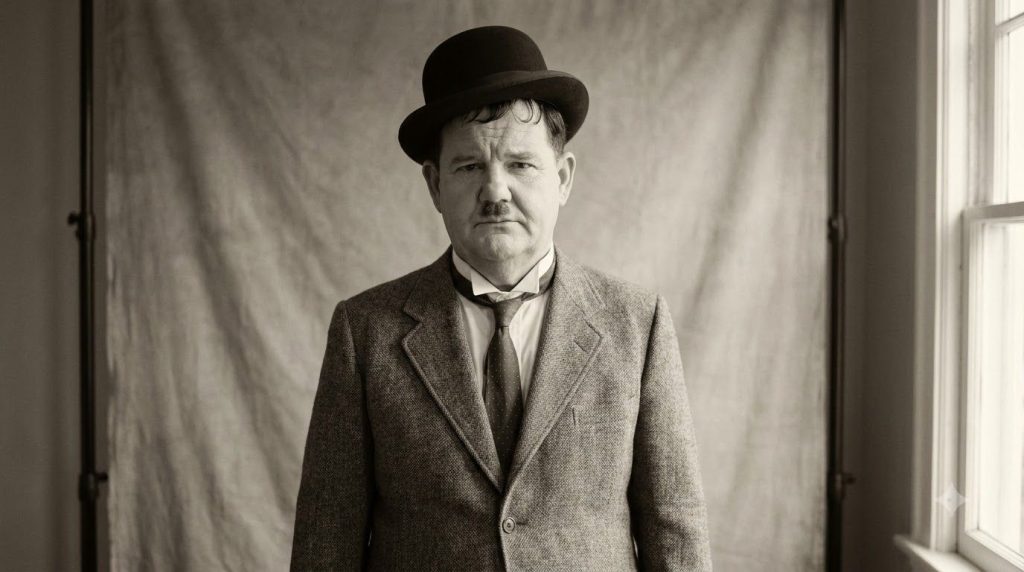 Oliver Hardy in his iconic bowler hat and mustache looking exasperated typical of his Laurel and Hardy persona