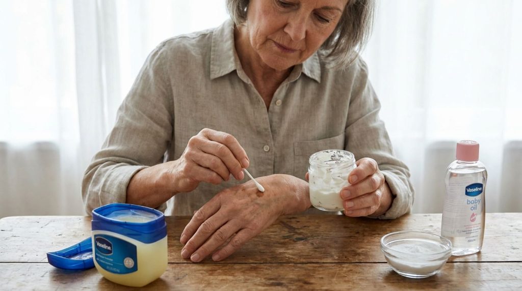 A woman gently applying the DIY Vaseline baby oil and baking soda paste to a small age spot on the back of her hand show