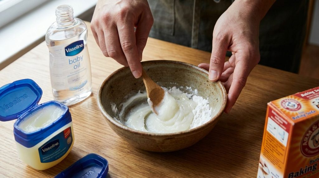 Hands mixing Vaseline baby oil and baking soda in a small ceramic bowl with a tiny spatula or spoon creating a smooth wh