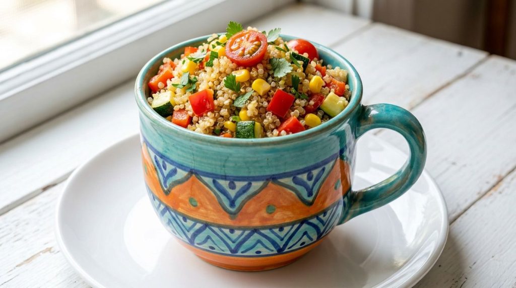 A vibrant mug filled with cooked quinoa mixed with colorful chopped vegetables like bell peppers zucchini and cherry tom