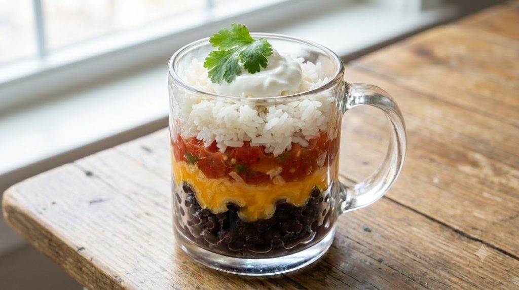 A mug filled with layers of black beans melted cheese salsa and rice garnished with a dollop of sour cream and a cilantr