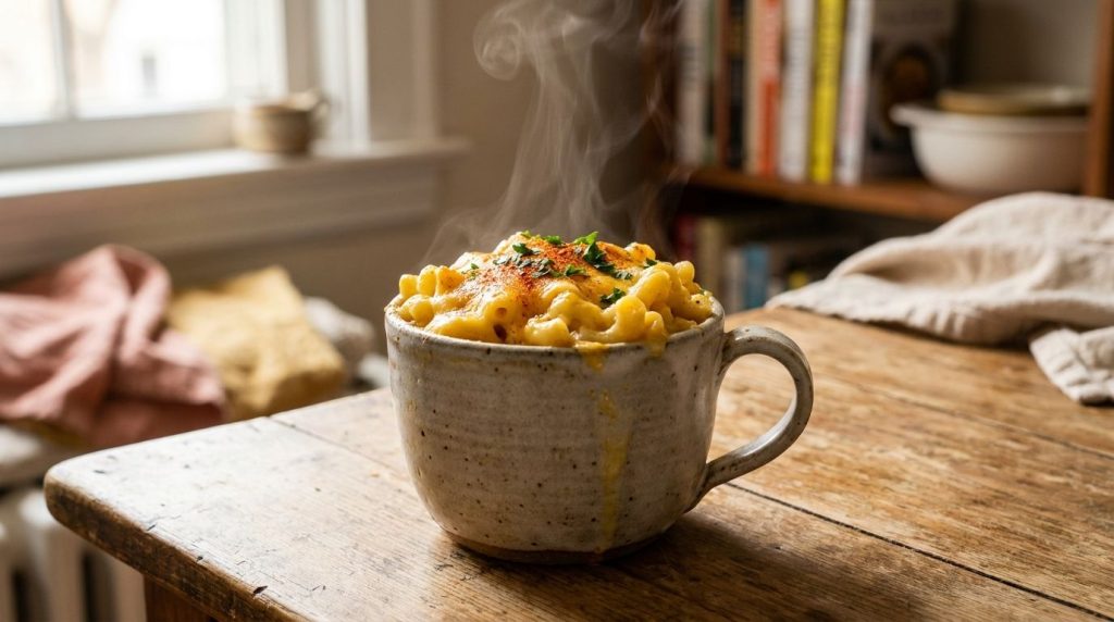 A steaming mug of creamy golden macaroni and cheese topped with a sprinkle of paprika and fresh parsley against a blurre