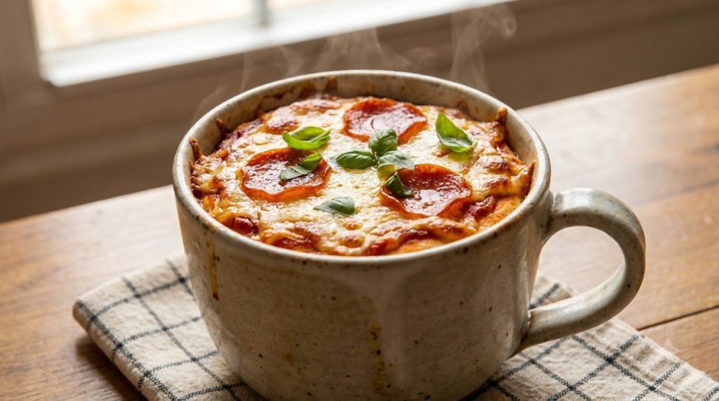 A bubbling mug pizza with melted mozzarella cheese vibrant pepperoni slices and green basil leaves fresh out of the micr