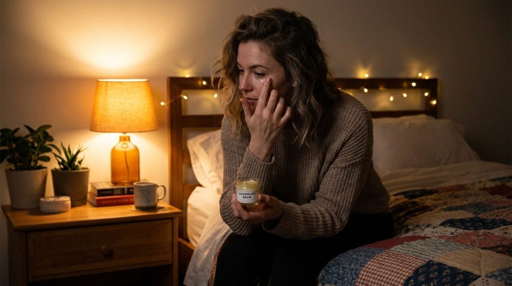 A woman gently applying the homemade Vaseline blend to her under-eye area at night in a soft cozy bedroom setting