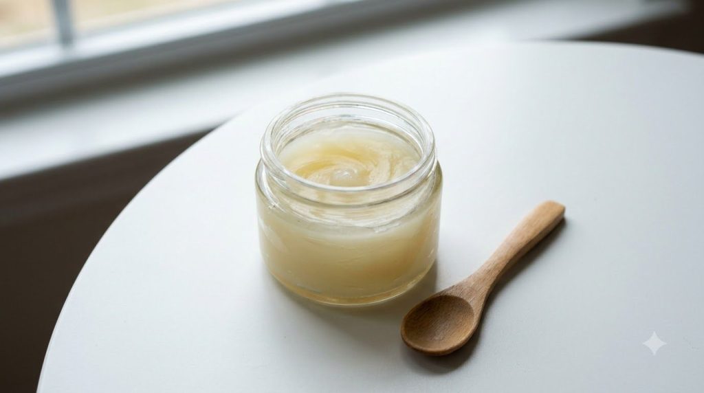 Close-up of a small glass jar filled with a freshly mixed Vaseline Vitamin E oil and almond oil balm with a stirring spo