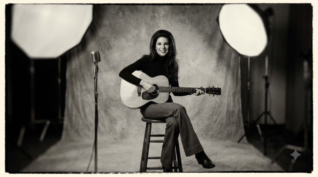 A black and white archival publicity photo of Bobbie Gentry from the late 1960s showing her holding a guitar