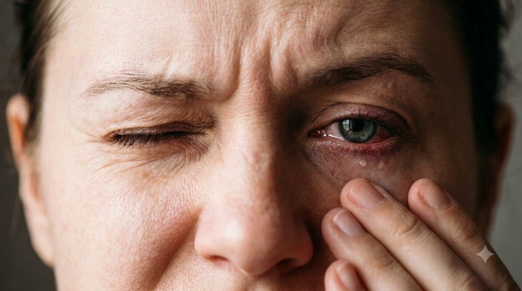 A person with a very intense piercing pain around one eye possibly with a watery eye or drooping eyelid on the affected 