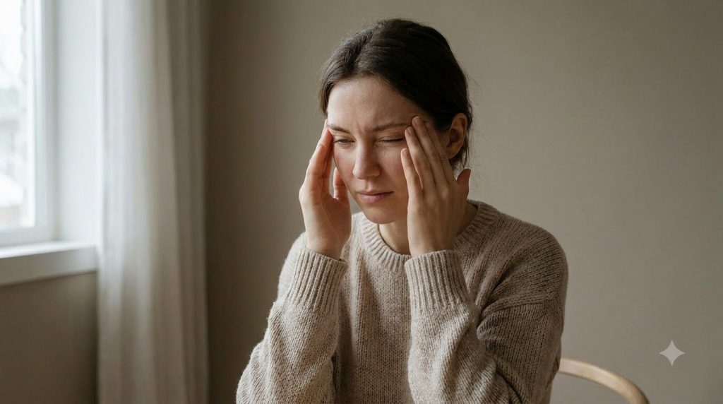 A person gently touching their temples and forehead conveying a dull persistent ache The setting is calm possibly at a d