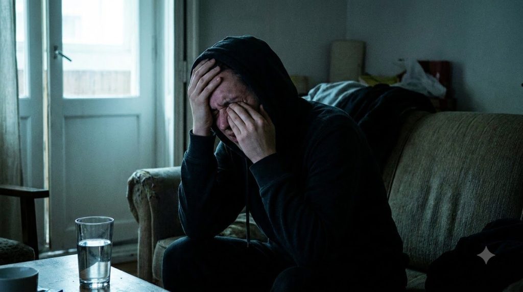 A person looking distressed holding their head perhaps shielding their eyes from light The image conveys severe throbbin