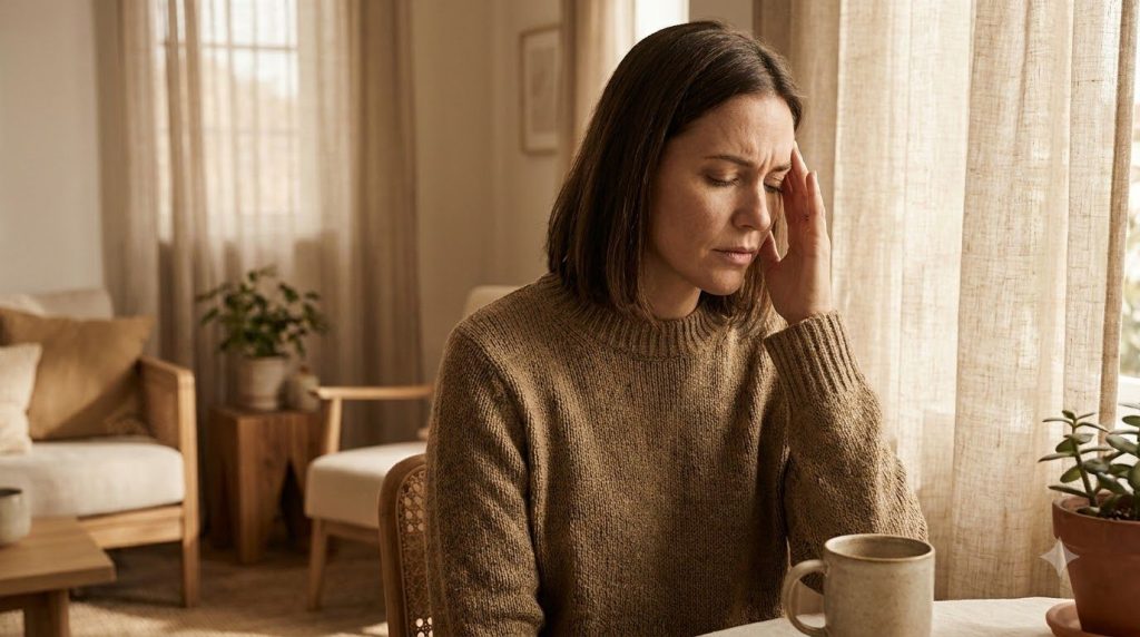 A woman looking contemplative or slightly discomforted perhaps touching her head lightly set against a soft feminine bac