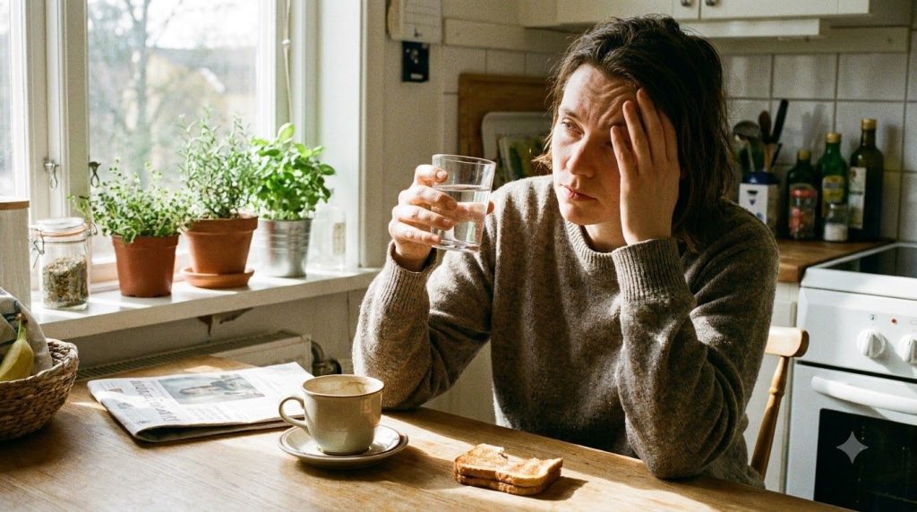 A person looking tired and slightly irritable perhaps holding a mug of water instead of coffee conveying a feeling of ne