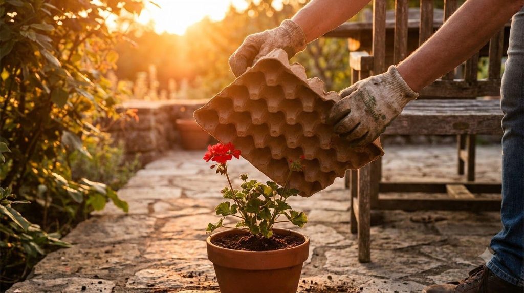 A gardener carefully placing an inverted cardboard egg carton over a potted geranium plant in an outdoor setting at dusk