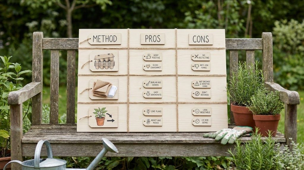 A comparison table showing different frost protection methods Egg Cartons Plant Covers and Bringing Indoors The table in