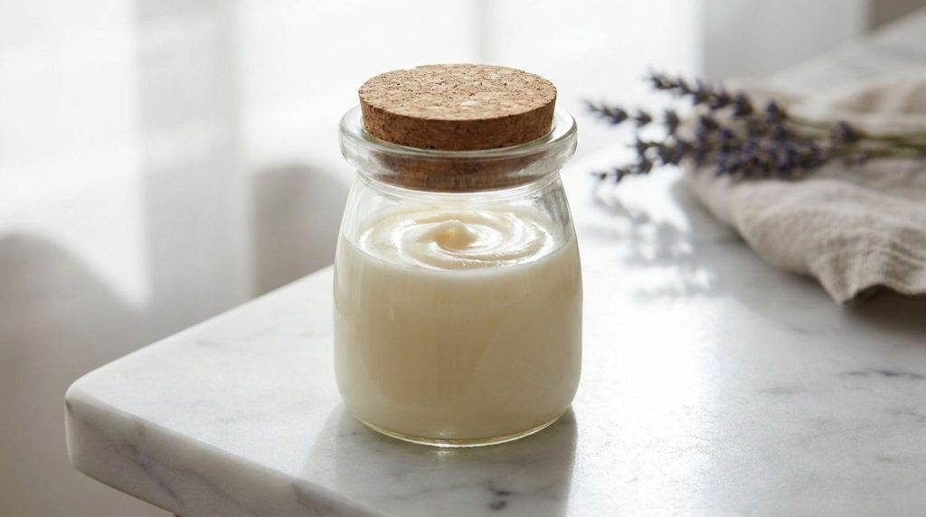 A small elegant glass jar filled with the homemade balm resting on a smooth clean surface The texture of the balm should