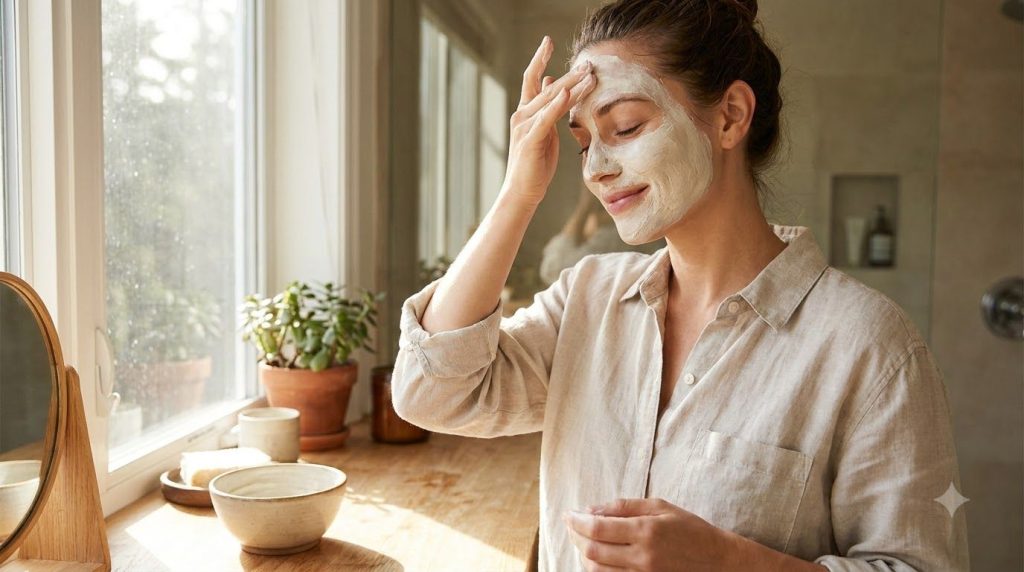 A woman gently applying a face mask to her clean skin in a bright bathroom setting
