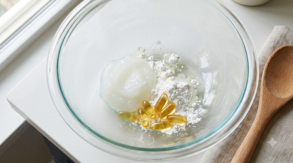 Close-up of ingredients Vaseline cornstarch coconut oil and vitamin E capsules in a bowl ready to be mixed for a face ma