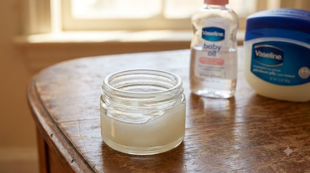 A small container with a mixture of petroleum jelly and baby oil next to a baby oil bottle and a tub of Vaseline