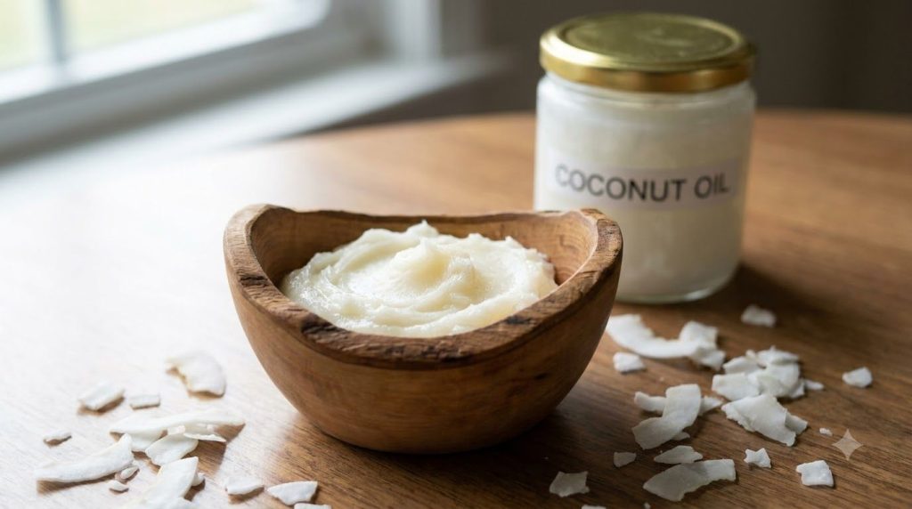 A bowl with a mixture of Vaseline and coconut oil surrounded by fresh coconut pieces and a coconut oil jar