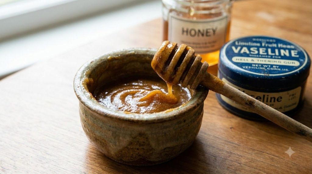 A small pot with a mixture of Vaseline and honey surrounded by a honey dipper a honey jar and a tub of Vaseline