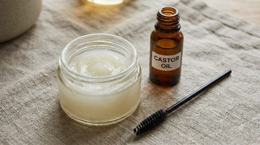 A small container with a mixture of Vaseline and castor oil next to a bottle of castor oil and an eyelash brush applicat