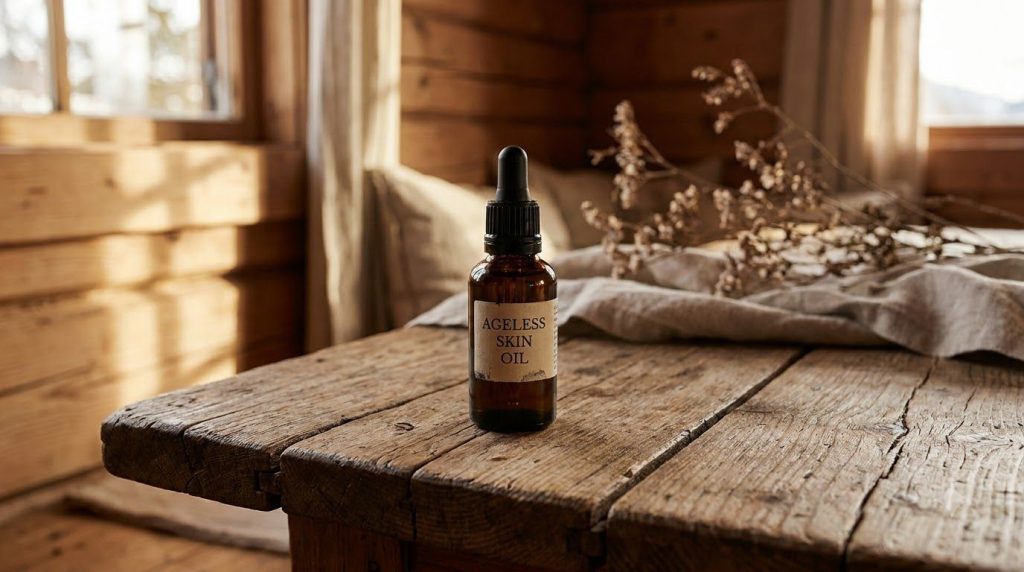 A small dark glass dropper bottle of the finished ageless skin oil placed on a wooden surface with soft ambient light su
