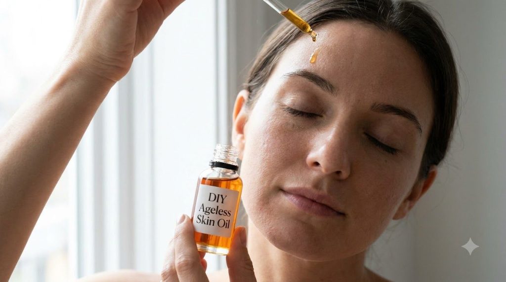 A close-up of a woman gently applying a few drops of DIY ageless skin oil to her clean face with a dropper her eyes clos