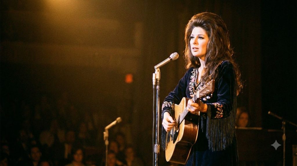 Bobbie Gentry performing on stage perhaps with a guitar showing her distinctive stage presence and fashion style of the 