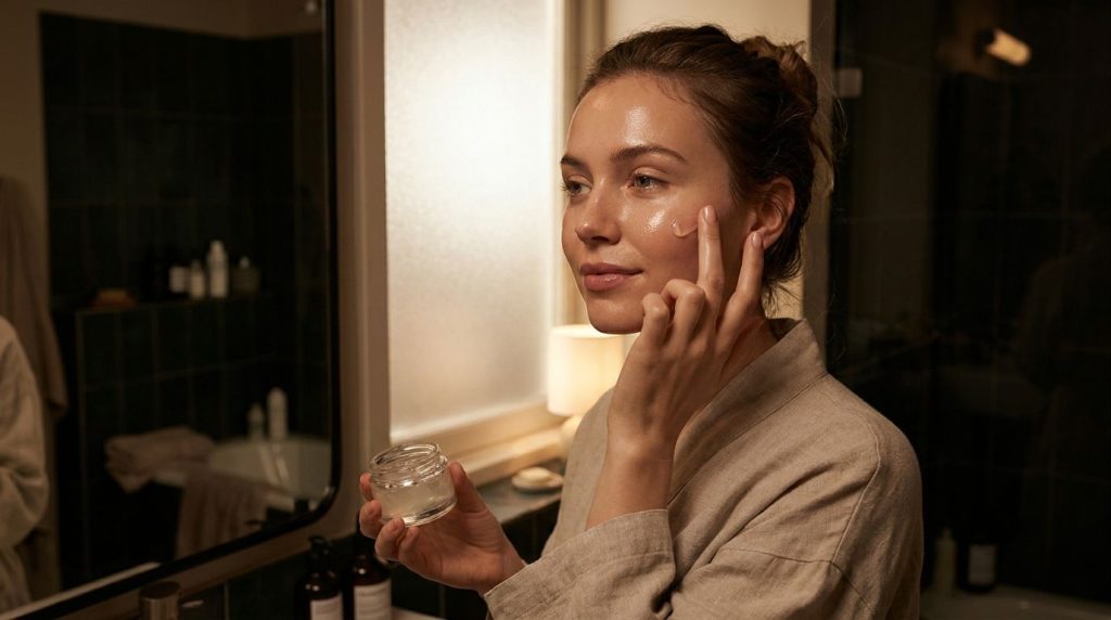 A woman gently applying a small amount of gel to her face at night emphasizing a soft glowing complexion