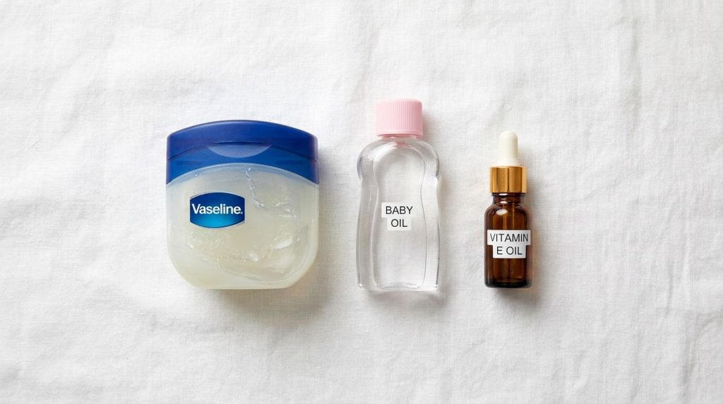 Ingredients for homemade anti-aging gel a jar of Vaseline a bottle of baby oil and a small bottle of Vitamin E oil on a 
